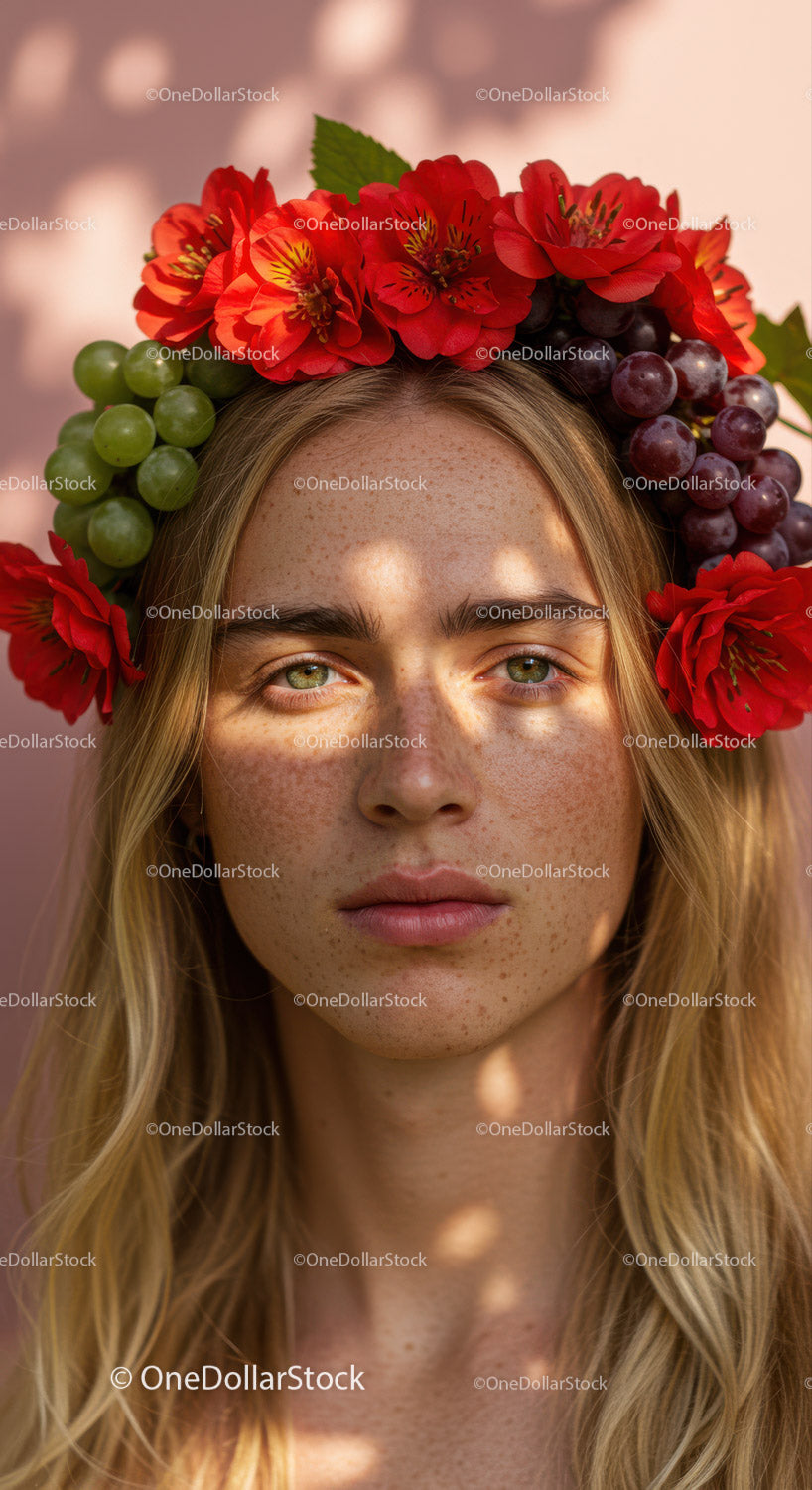 Beautiful Woman Wearing Floral Crown with Red Alstroemeria and Grape Flowers