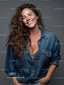 Smiling Woman with Wavy Hair in Denim Shirt Portrait