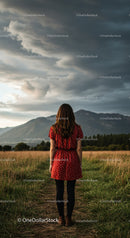 Woman standing on path facing mountain under cloudy sky