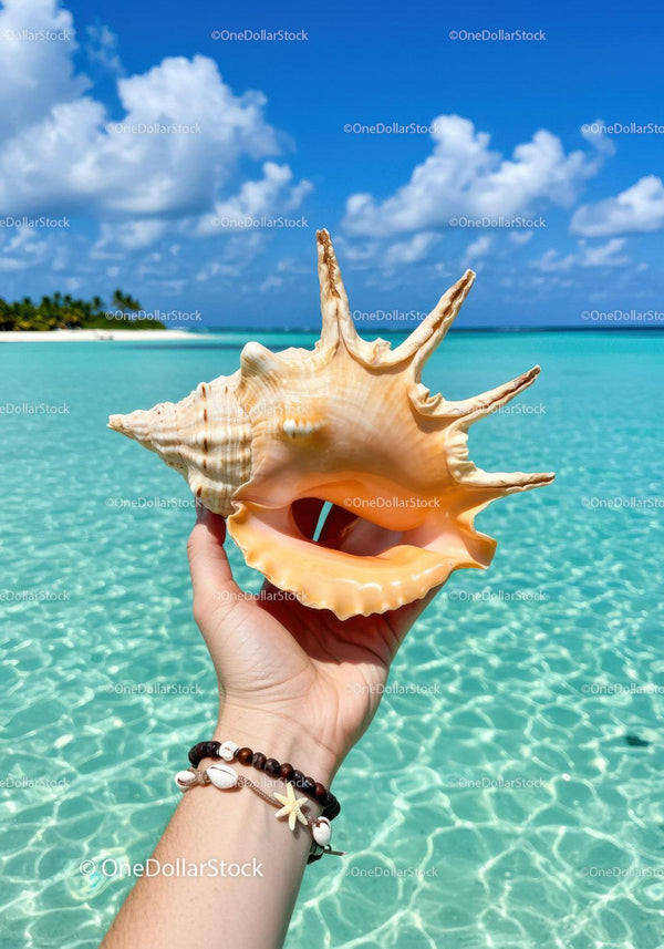 Large Conch Shell on Beautiful Tropical Seaside Beach