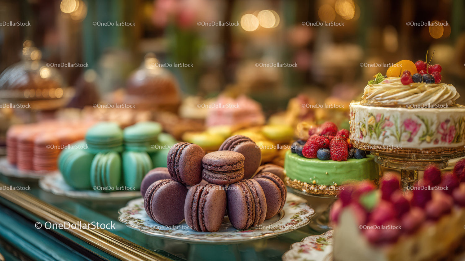 Colorful Macarons and Fruit Topped Cakes in Elegant Pastry Display
