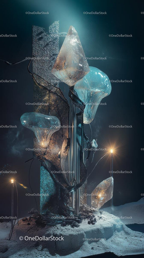 Futurystyczna rzeźba lodowa z świecącymi elementami na surrealistycznym tle