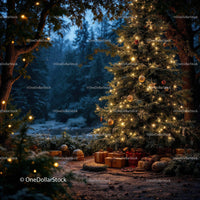Cozy Outdoor Christmas Tree with Warm Lights and Gifts