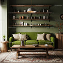 Cozy living room with green sofa and rustic wooden decor