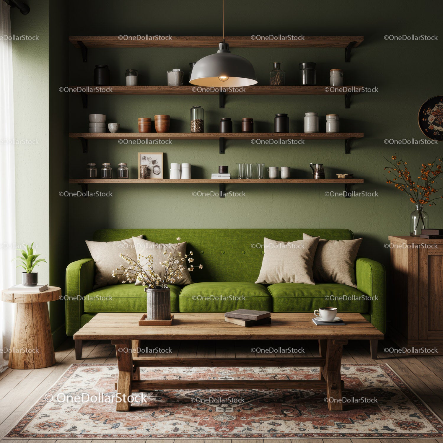 Cozy living room with green sofa and rustic wooden decor