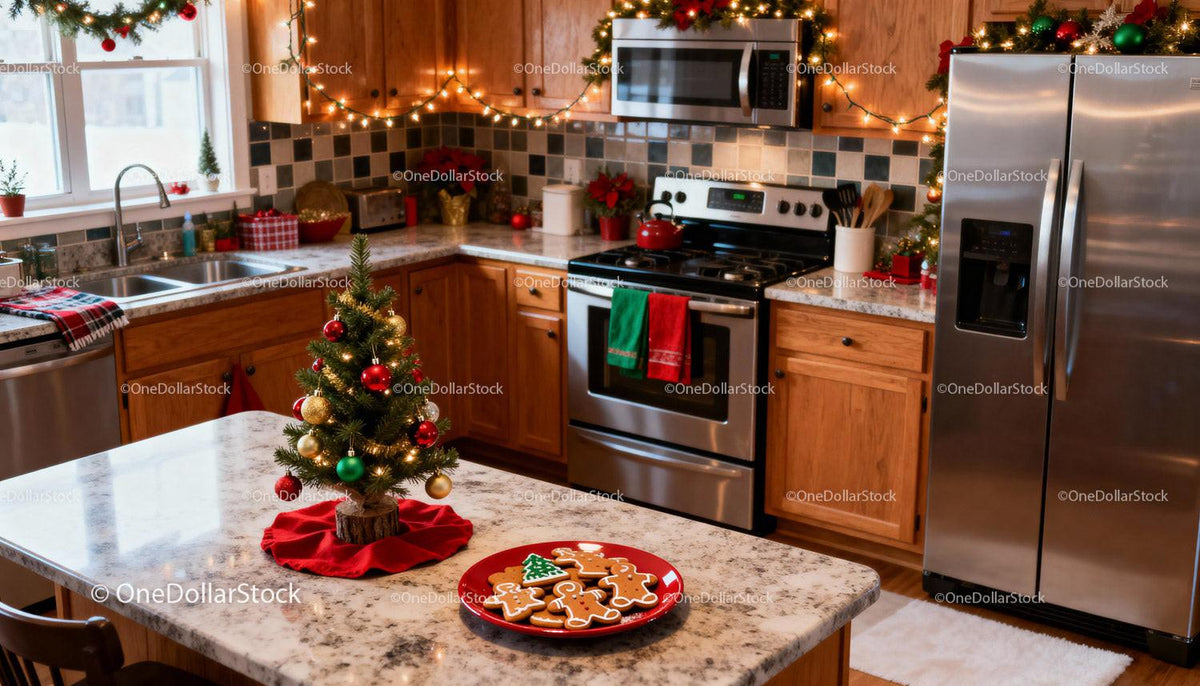 Cozy kitchen with Christmas tree and gingerbread cookies