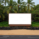 Blank billboard on tropical roadside with palm trees
