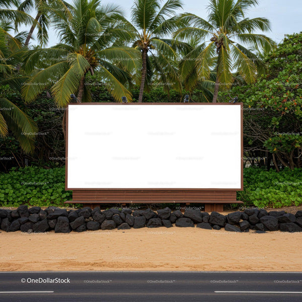 Blank billboard on tropical roadside with palm trees JPG Mockup Image