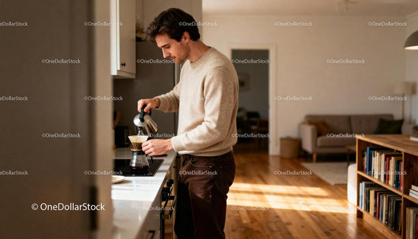 Mężczyzna przygotowujący kawę metodą pour over w przytulnej kuchni