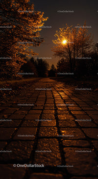 Moonlit cobblestone path with autumn trees at night
