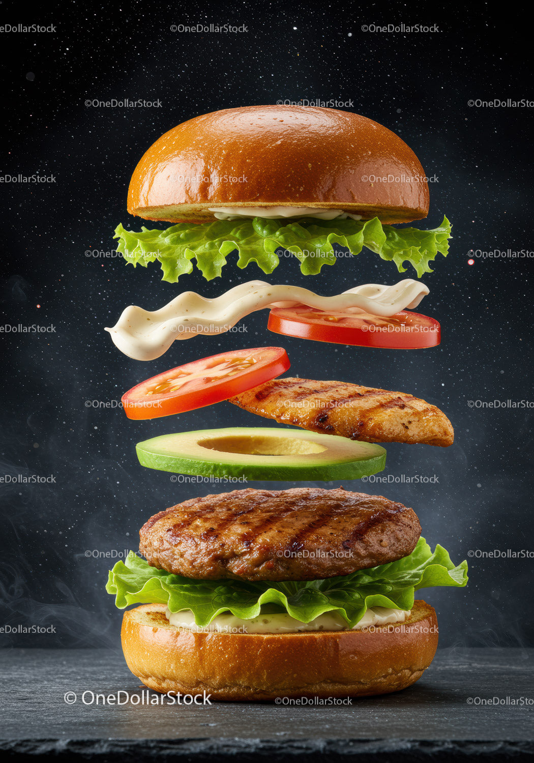 Deconstructed grilled chicken burger with fresh vegetables