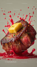 Juicy Grilled Steak with Melted Butter and Vibrant Red Sauce Splash