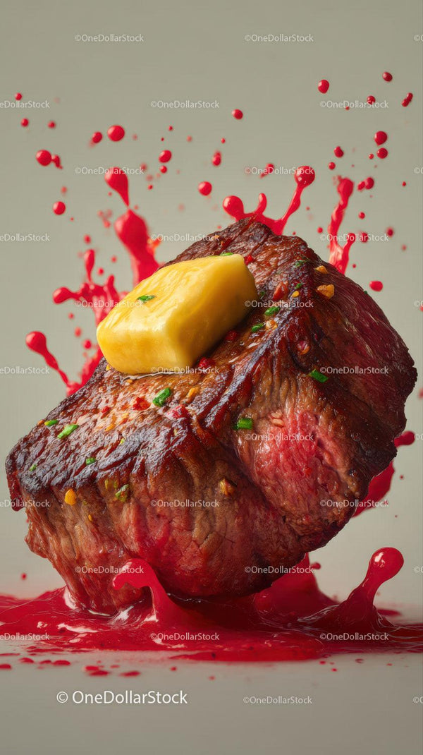 Juicy Grilled Steak with Melted Butter and Vibrant Red Sauce Splash