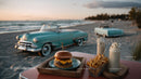Beachside Vintage Car and Casual Food Scene at Sunset