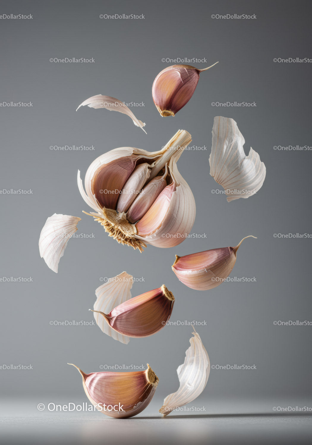 Close up of garlic cloves and peeled skin in midair