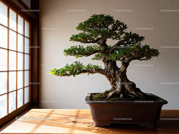 Elegancki bonsai w naturalnym, miękkim świetle wewnętrznym