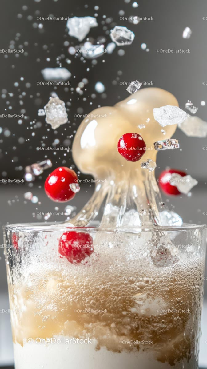 Dynamic Splash of Carbonated Beverage with Ice and Red Berries