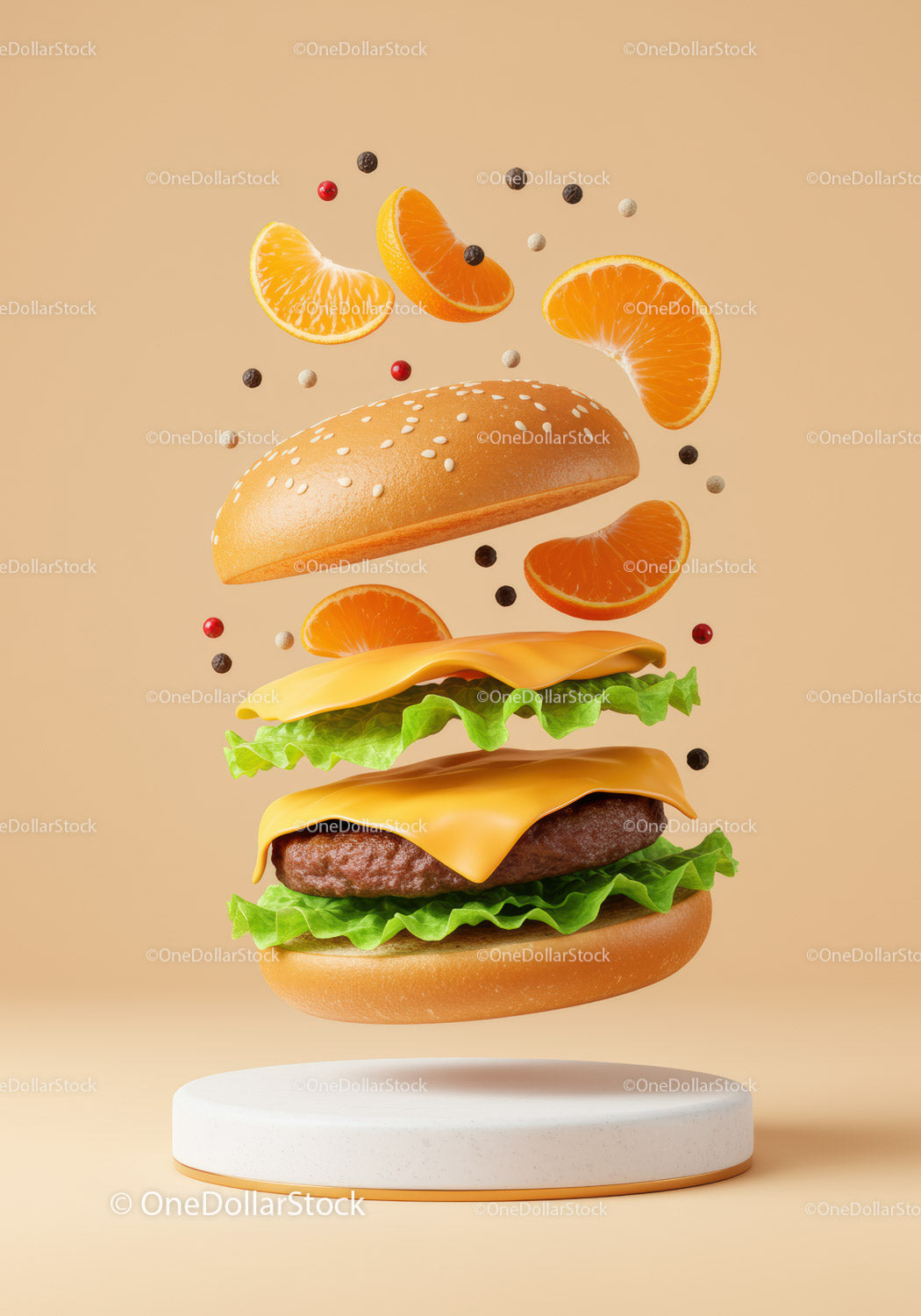 Pływający cheeseburger z sałatą i plasterkami cytrusów