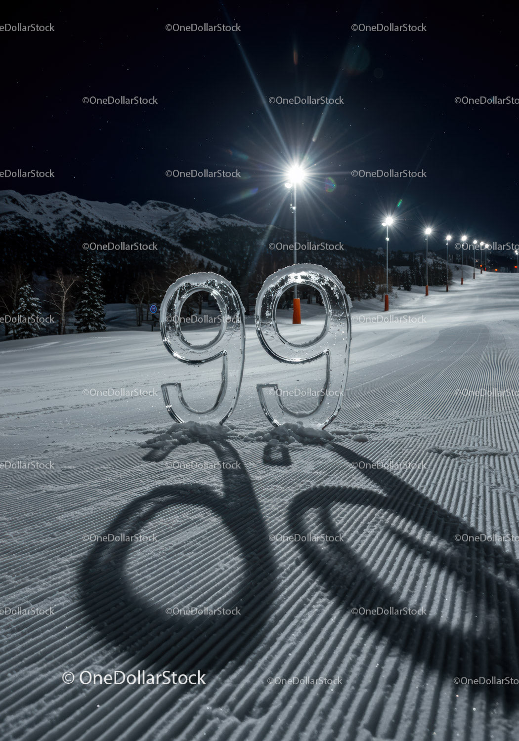 Ice Sculpture Number 99 on Snowy Slope at Night