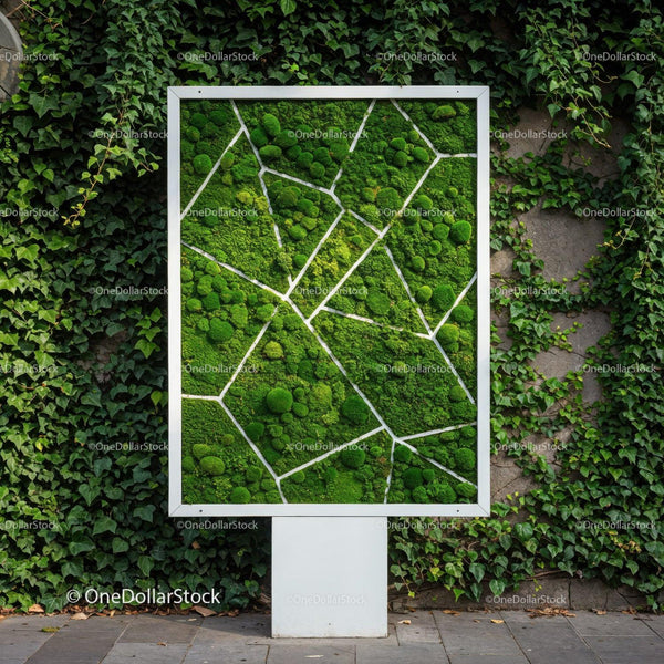 Modern Botanical Moss Artwork with Green Foliage in Outdoor Setting JPG Mockup Image
