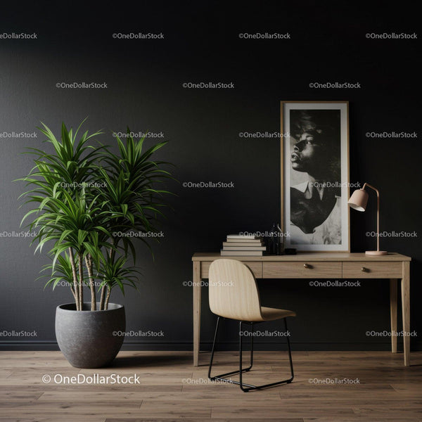 Minimalist Home Office with Large Indoor Plant and Artistic Wall Decor