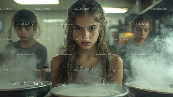Three Girls Standing Behind Steaming Pots