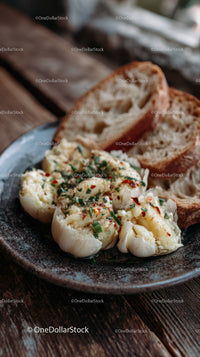 Creamy Garlic Dip with Herb Topping and Rustic Bread Slices
