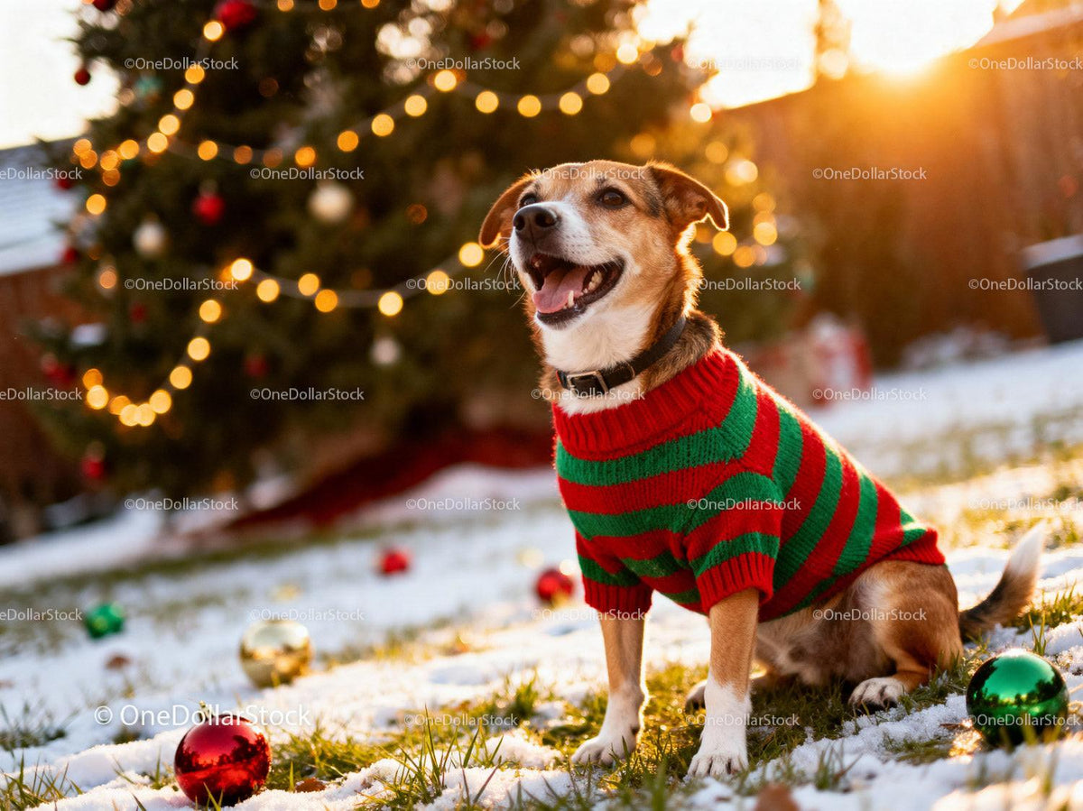 Happy dog in festive sweater sitting near decorated tree