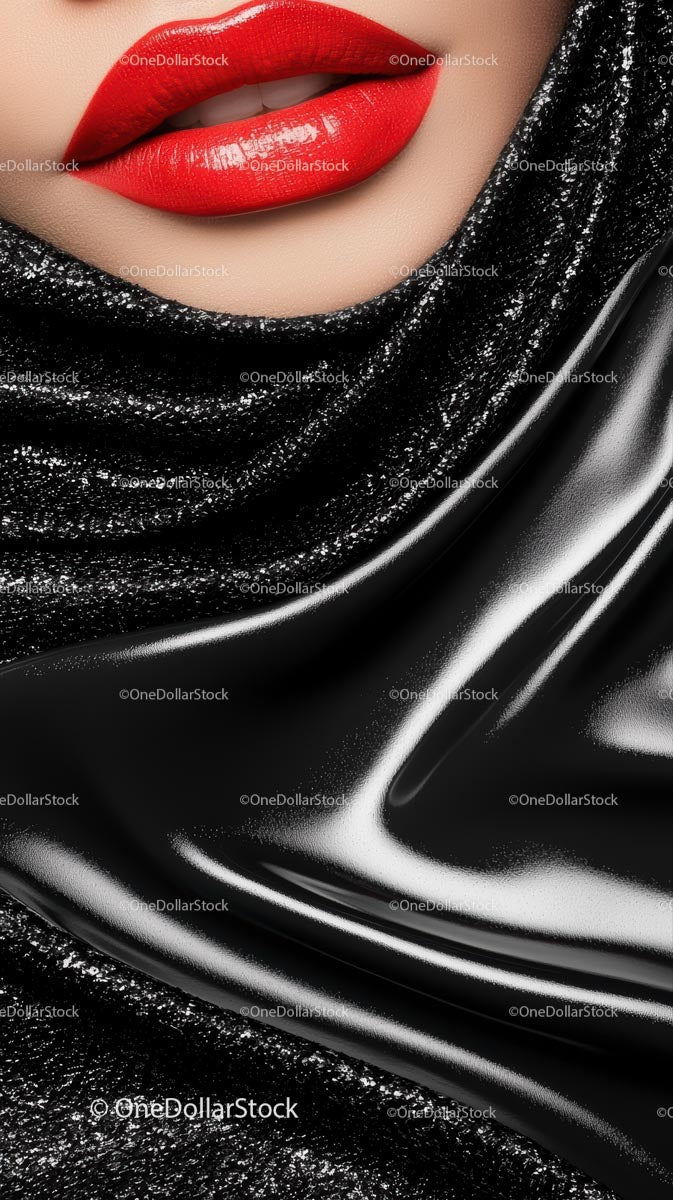 Close-Up of Red Lips and Black Glitter Fabric for Fashion and Beauty