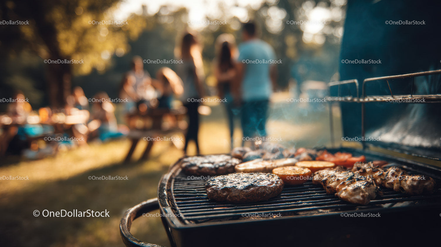 Outdoor Barbecue Grill with Sizzling Meat and Gathered Friends