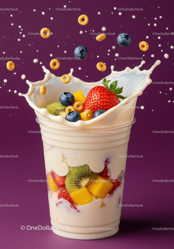 Fresh Fruit Salad with Yogurt Splash on Purple Background