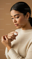 Young Woman Applying Lip Balm with Elegant Makeup and Soft Light