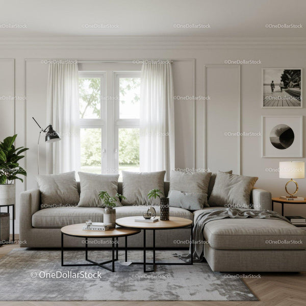 Bright Modern Living Room with Cozy Beige Sofa and Natural Light