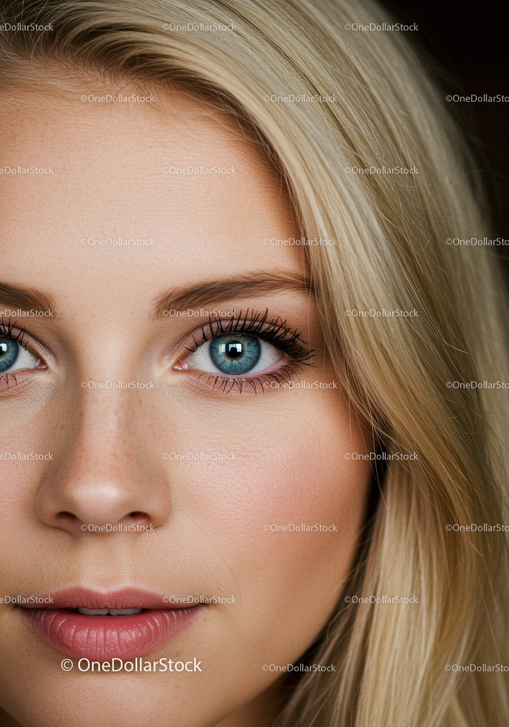 Close up of young blonde woman with blue eyes and natural look
