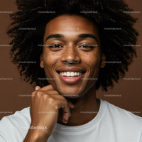 Portrait of a Smiling Woman with Curly Hair in Warm Studio Lighting