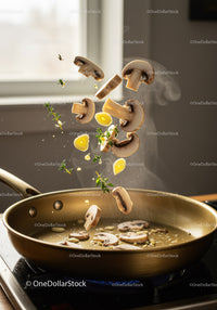 Fresh mushrooms and herbs falling into hot pan