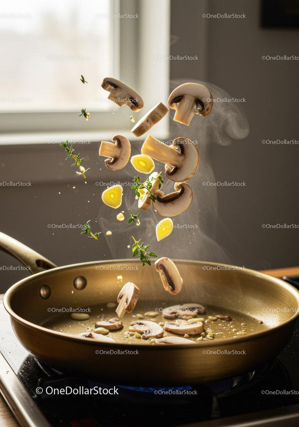 Fresh mushrooms and herbs falling into hot pan