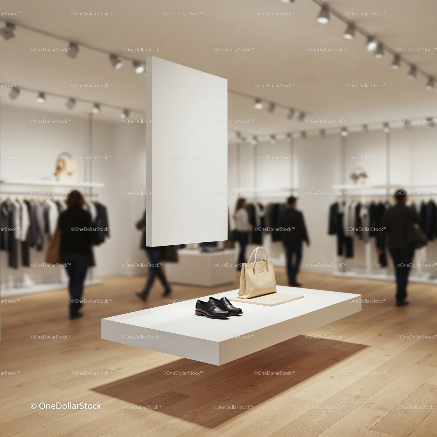 Minimalist fashion display with shoes and handbag