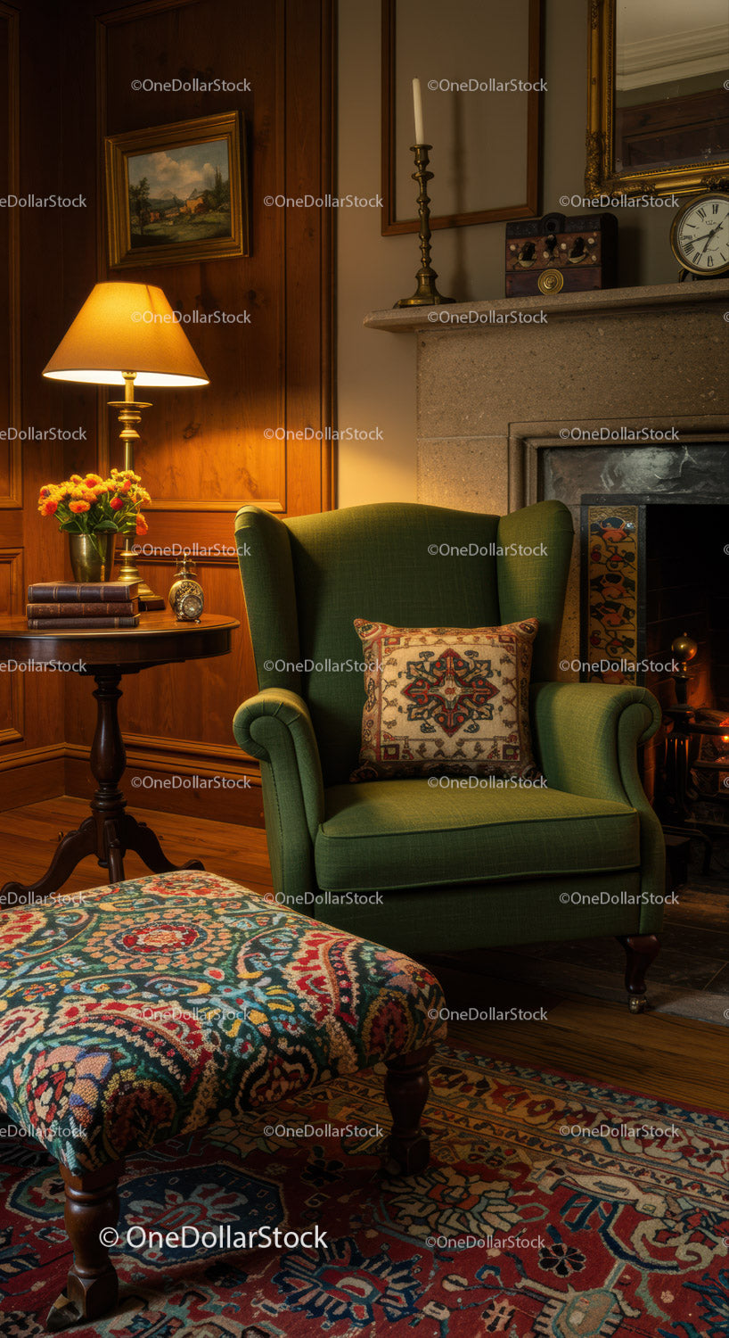 Cozy vintage armchair corner with warm lighting