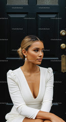 Elegant woman in white dress sitting by black door
