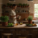 Man Watering Fresh Basil and Herbs in a Cozy Kitchen