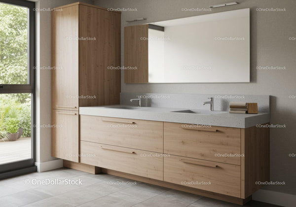 Modern Bathroom with Double Sink and Wooden Cabinets
