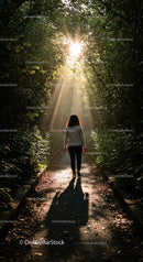 Woman walking under sunlit forest canopy path
