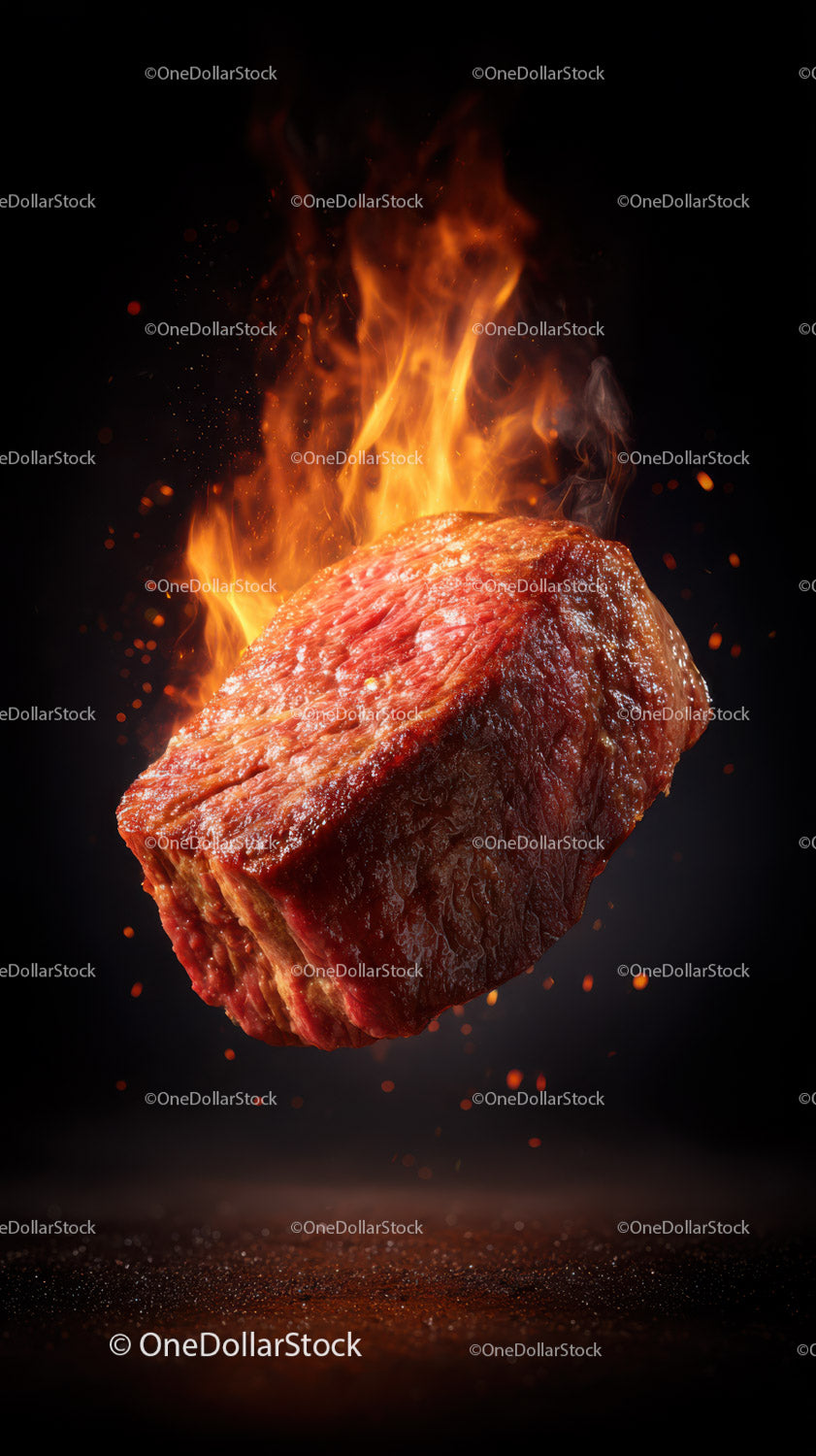 Juicy Raw Beef Steak with Flames and Fire Effect
