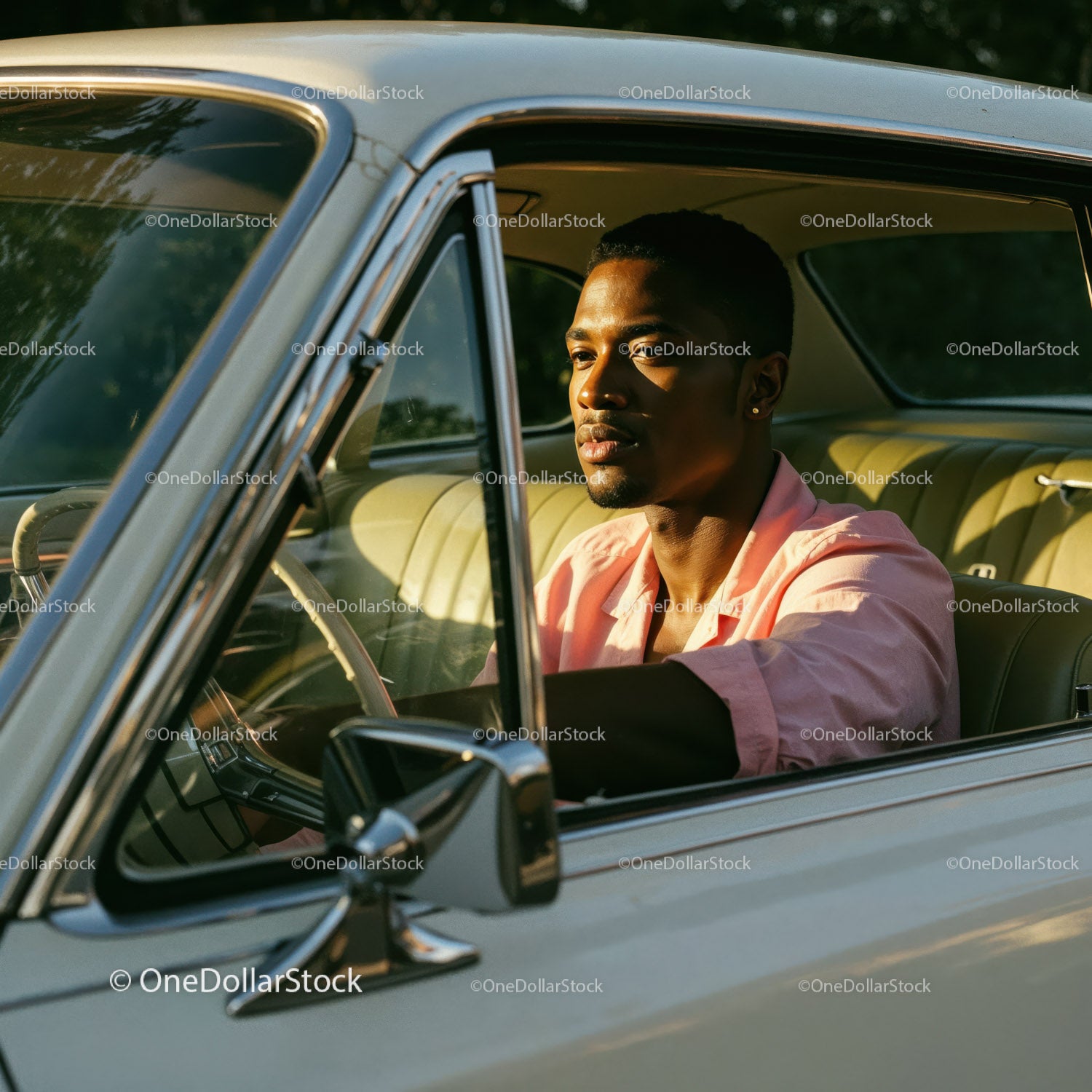 Young Man in Pink Shirt Sitting in Vintage Car on a Sunny Day