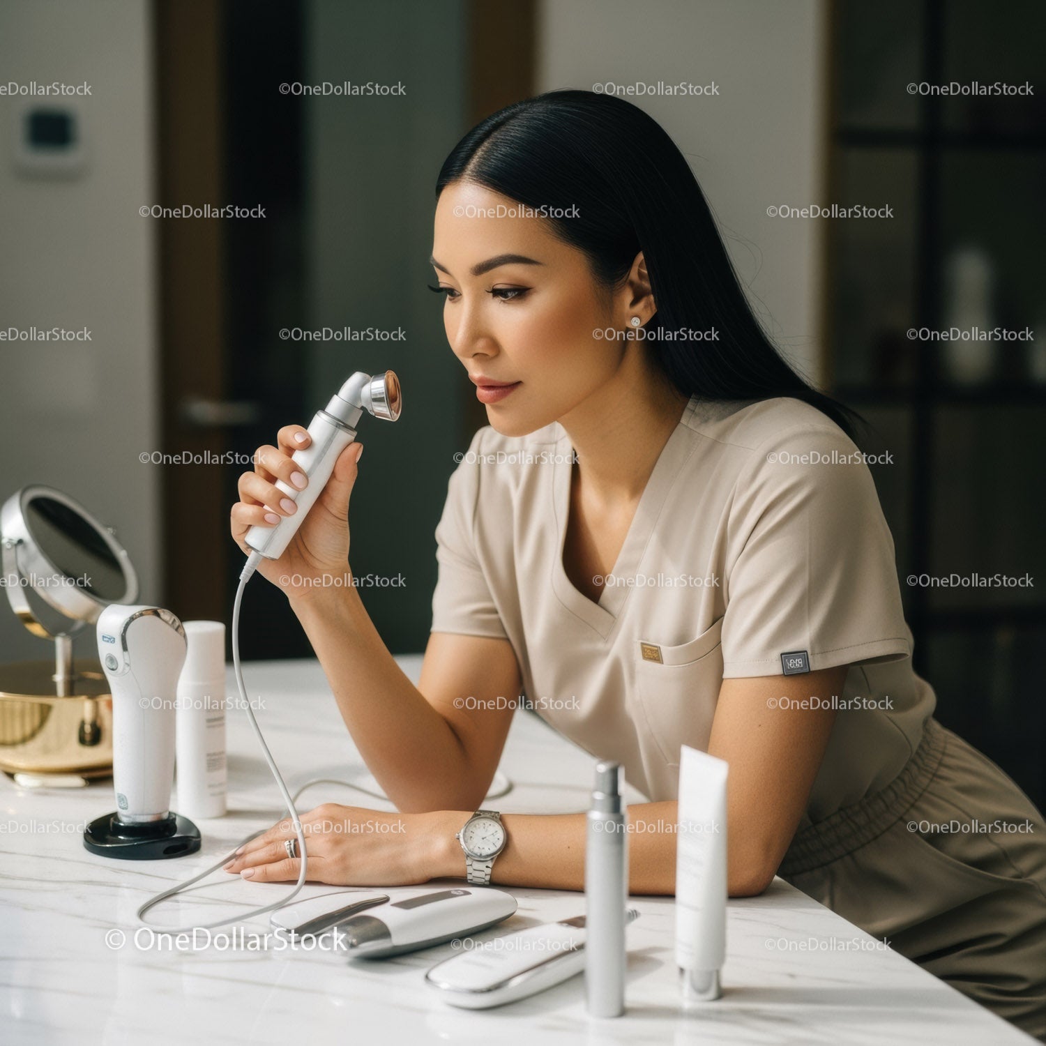 Professional Woman Skincare Routine with Facial Roller and Beauty Products