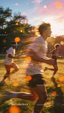 Group of young men running energetically on sunny field
