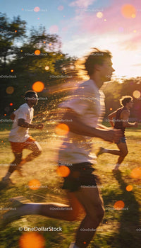 Group of young men running energetically on sunny field