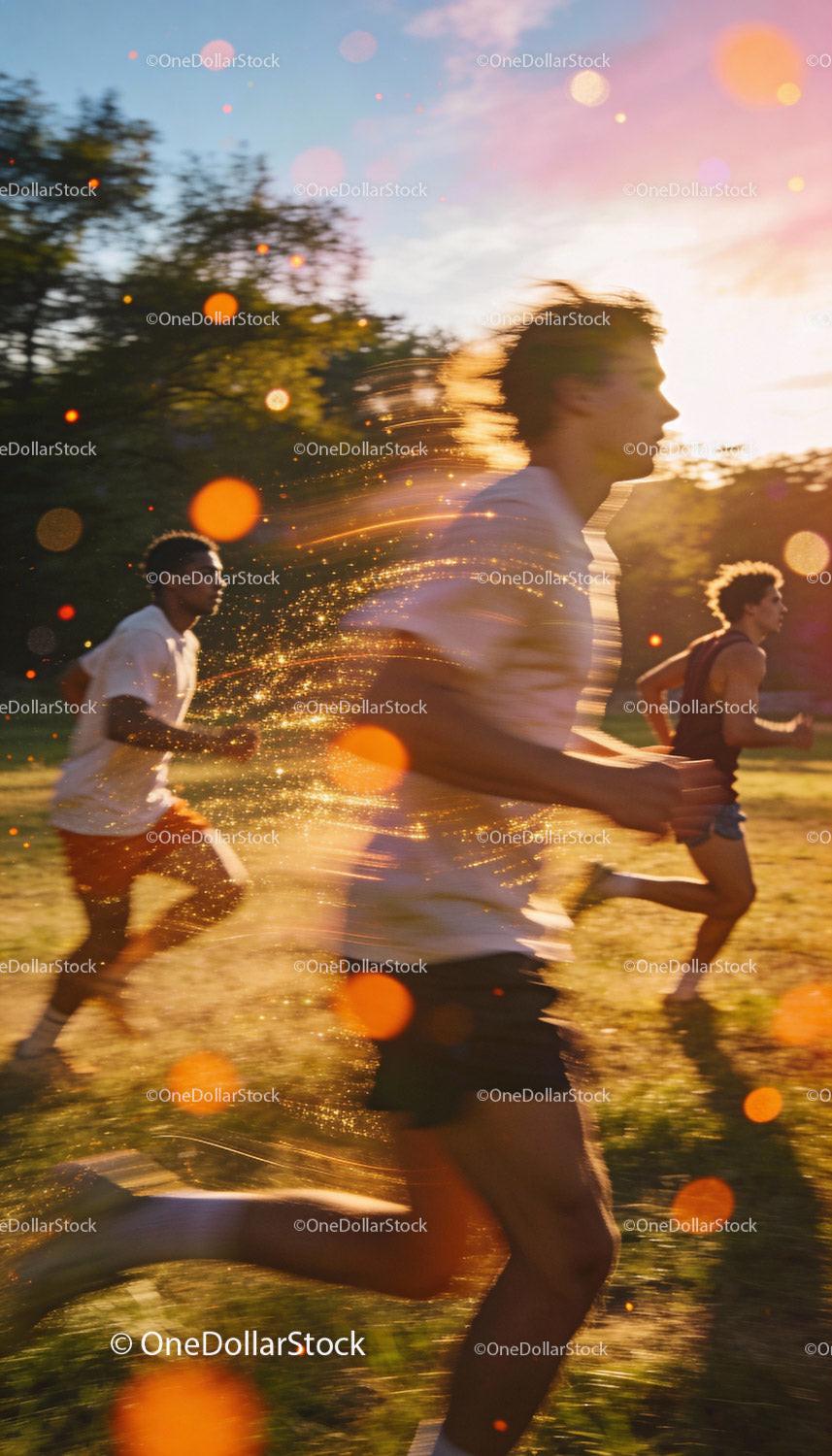 Group of young men running energetically on sunny field