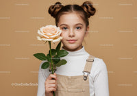 Young Girl with Pale Peach Rose Portrait on Soft Beige Background